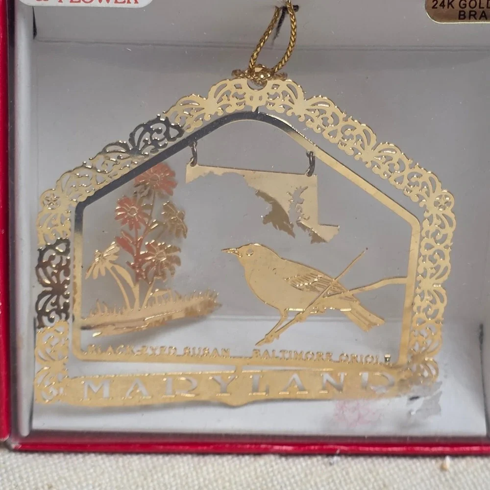 Vintage 90s Nations‎ Treasures Maryland Bird Flower Ornament 24K Gold Oriole